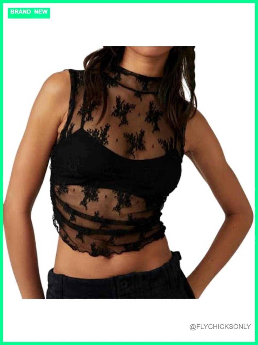 Sleeveless See Through Lace Mesh Crop Top Mock Neck Slim Fit Sheer Tank